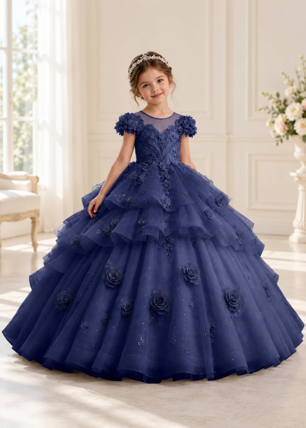 Navy Blue Flower Girl Gown with Floral Cap Sleeves and Rose Ruffles