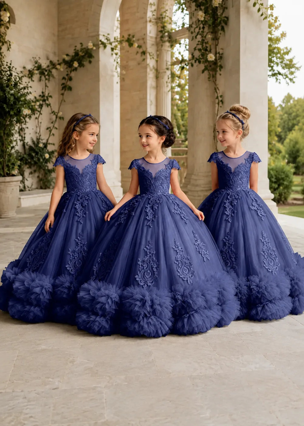 Navy Flower Girl Ball Gown with Floral Bodice and Ruffle Hem