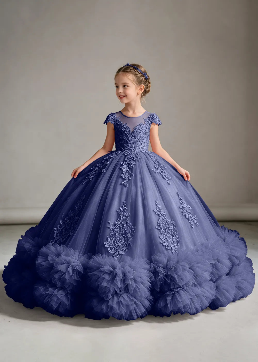 Navy Flower Girl Ball Gown with Floral Bodice and Ruffle Hem