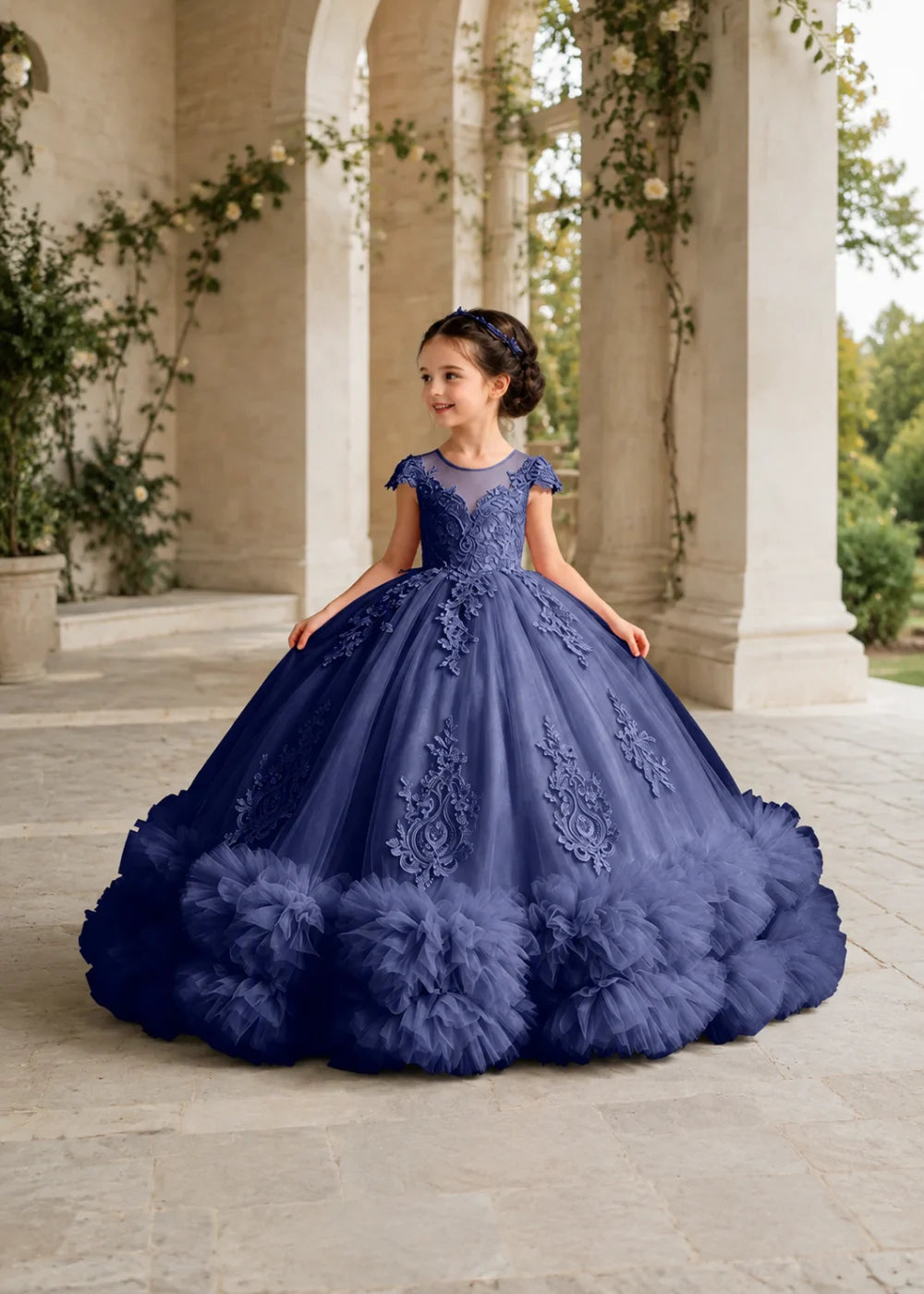 Navy Flower Girl Ball Gown with Floral Bodice and Ruffle Hem