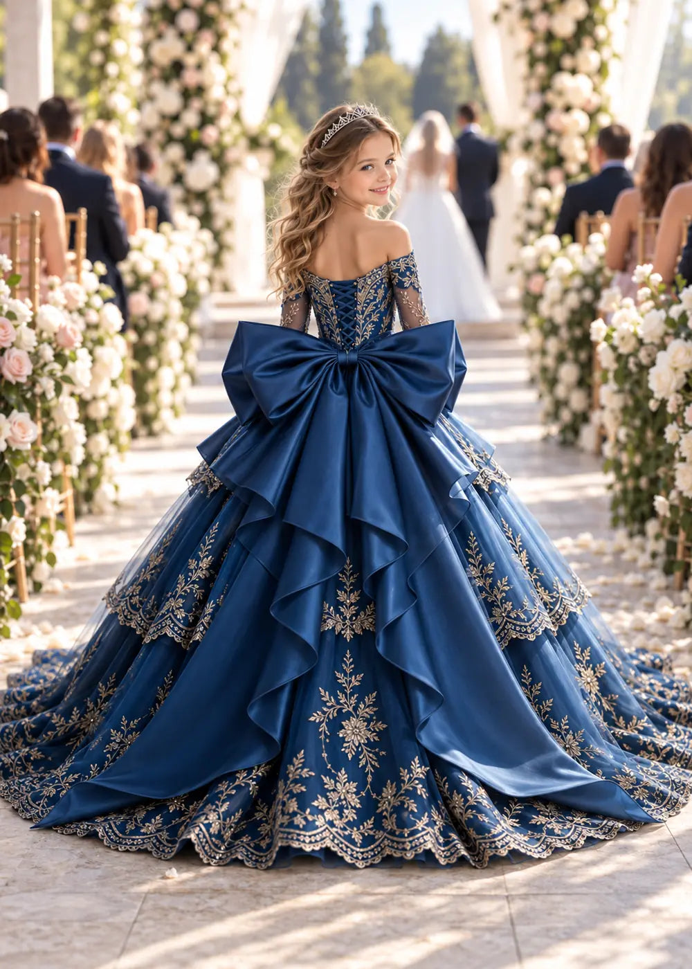 Off-Shoulder Sequin Lace Flower Girl Dress with Bow and Flounced Hem