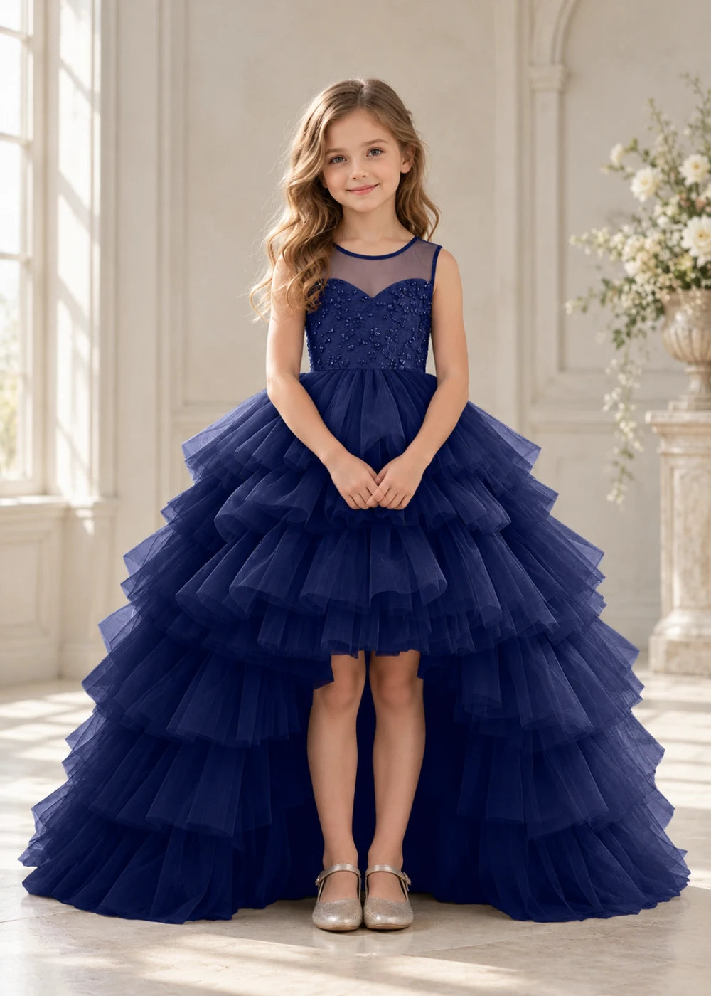Front view of a child wearing a navy blue flower girl dress with a sheer illusion neckline over a beaded bodice and a high-low tulle skirt with broad tiered ruffle layers.