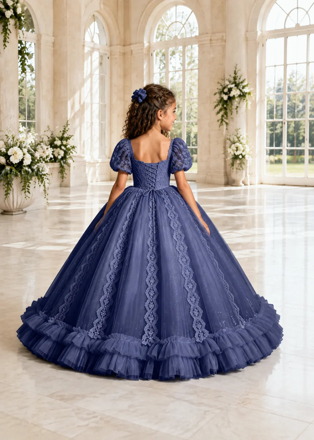 Navy Flower Girl Gown with Lace Puff Sleeves and Ruffled Hem