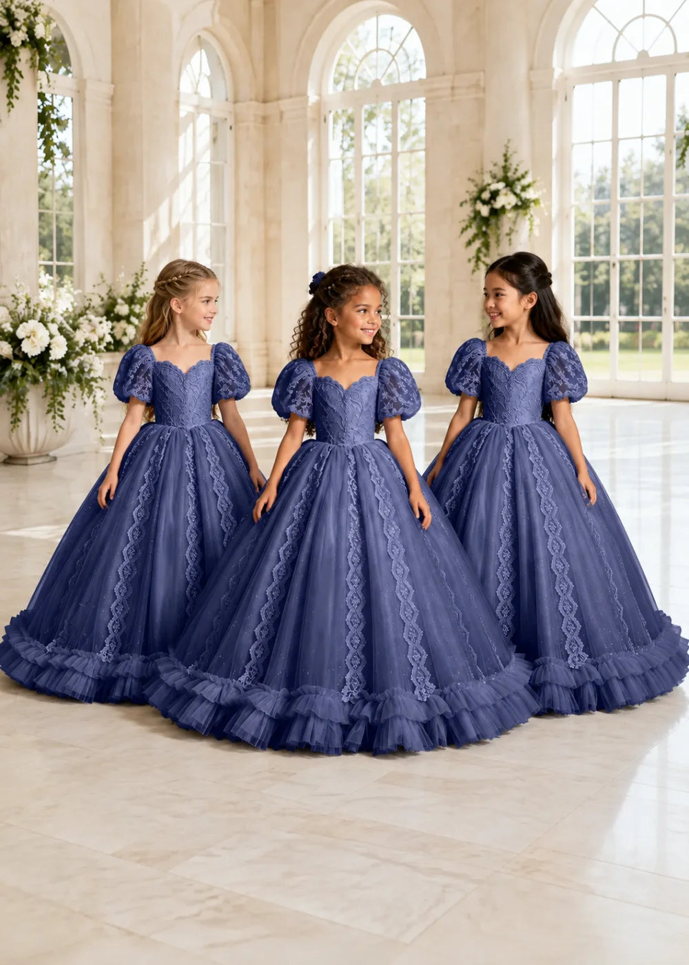 Navy Flower Girl Gown with Lace Puff Sleeves and Ruffled Hem