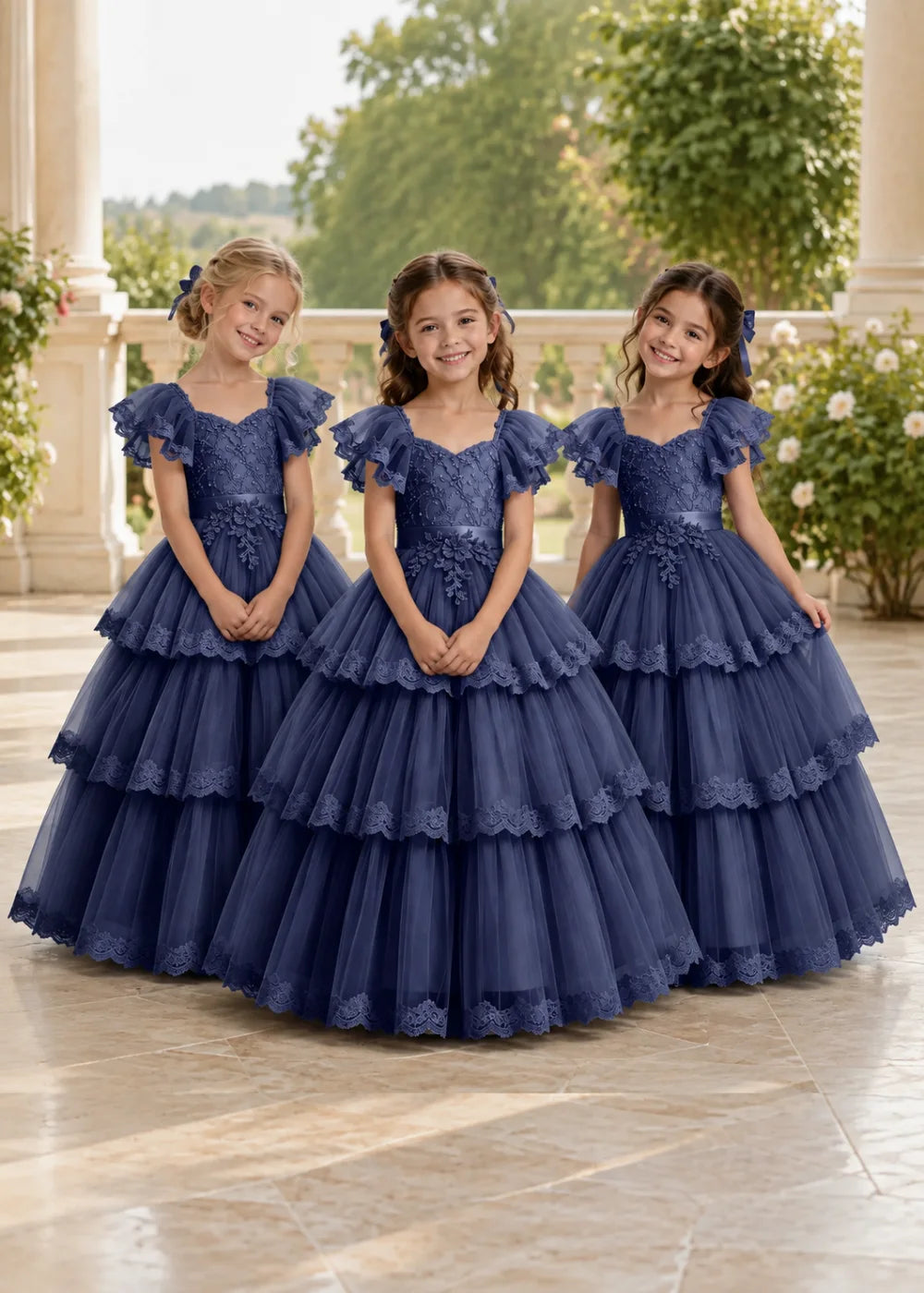 Navy Flower Girl Ball Gown with Three Lace-Edged Tiers
