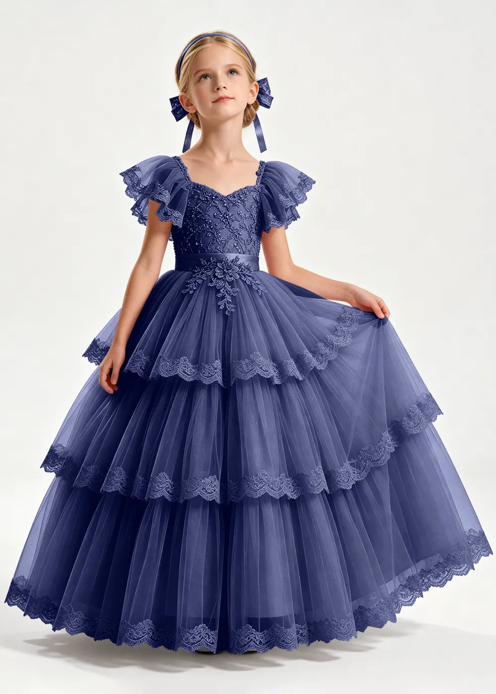 Navy Flower Girl Ball Gown with Three Lace-Edged Tiers