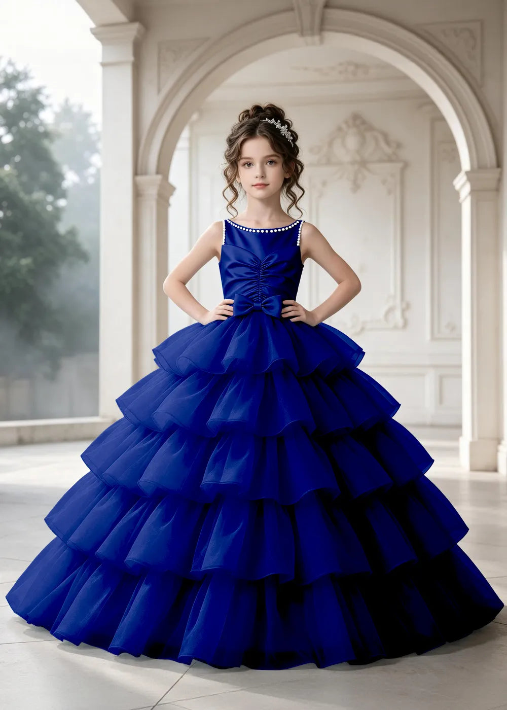 Flower girl dress in Navy Blue, front view.