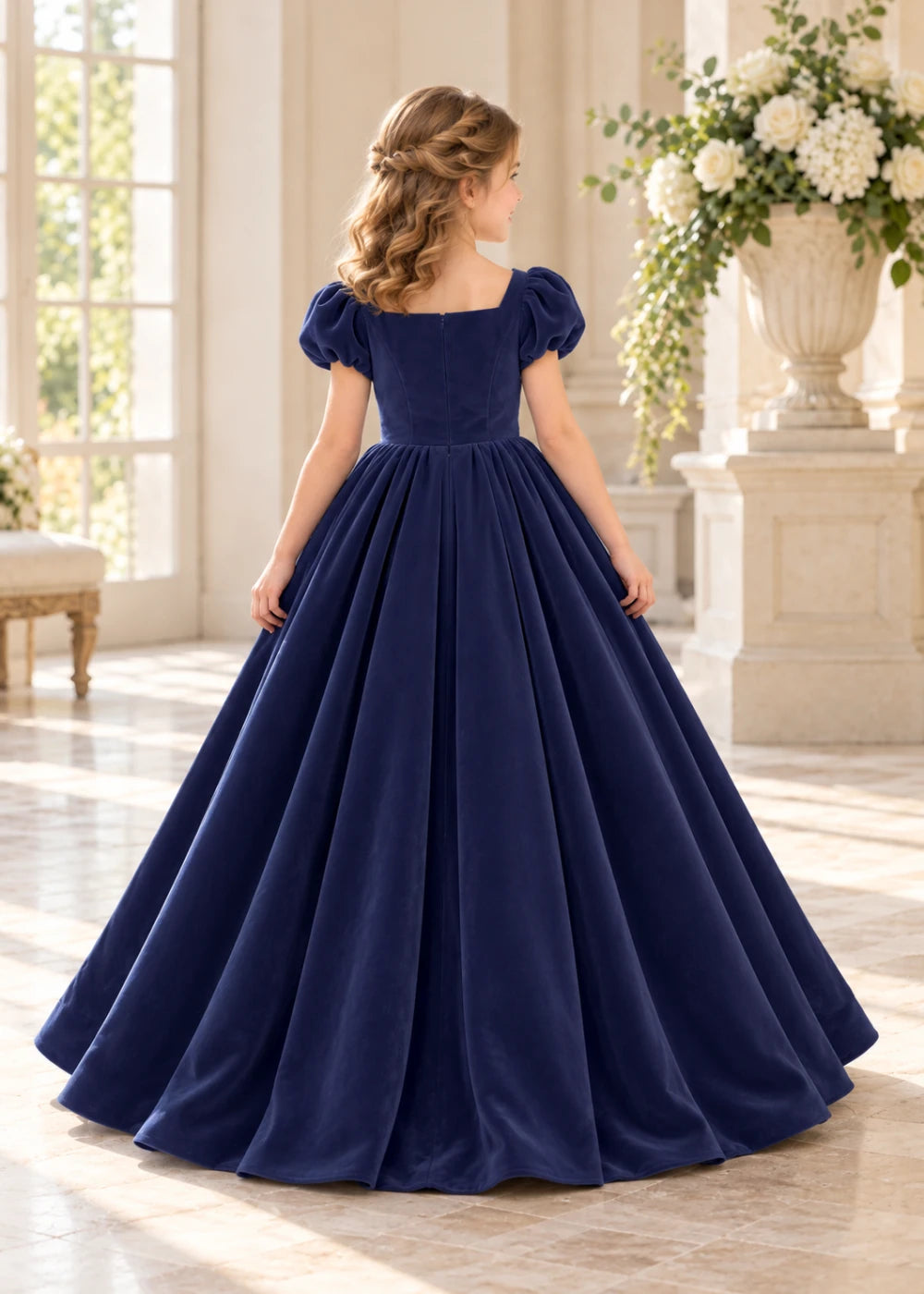 Rear view of a child wearing a navy blue flower girl dress with a square neckline, short puff sleeves and a large velvet bow above a full tiered skirt.