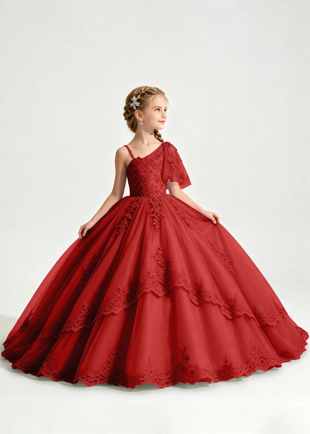 One-Shoulder Floral Lace Princess Dress for Girls
