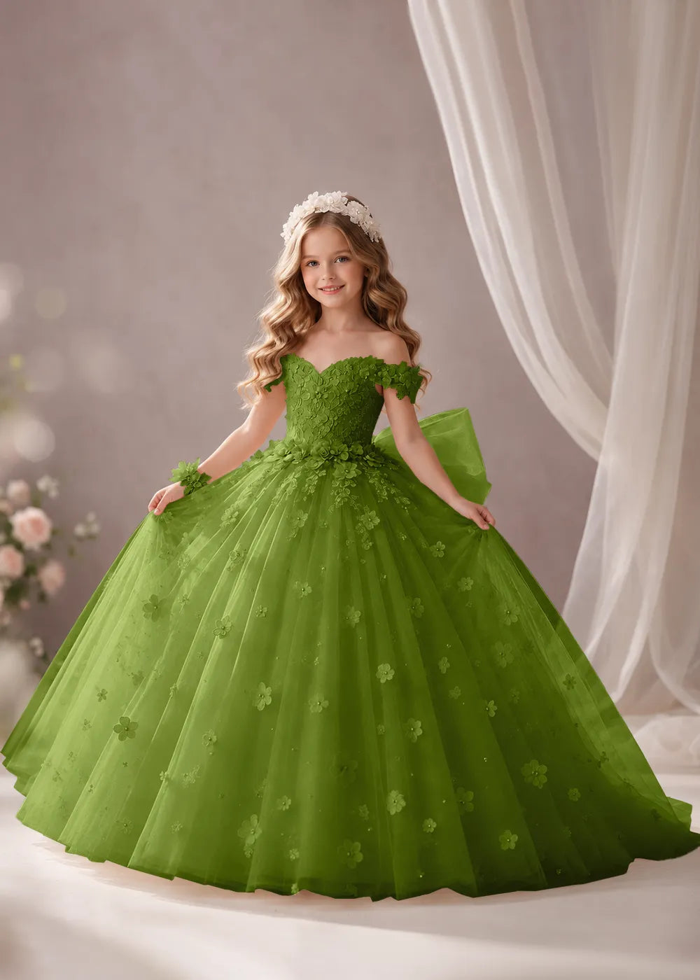 Ivory Flower Girl Dress with Off-Shoulder Florals and a Bow