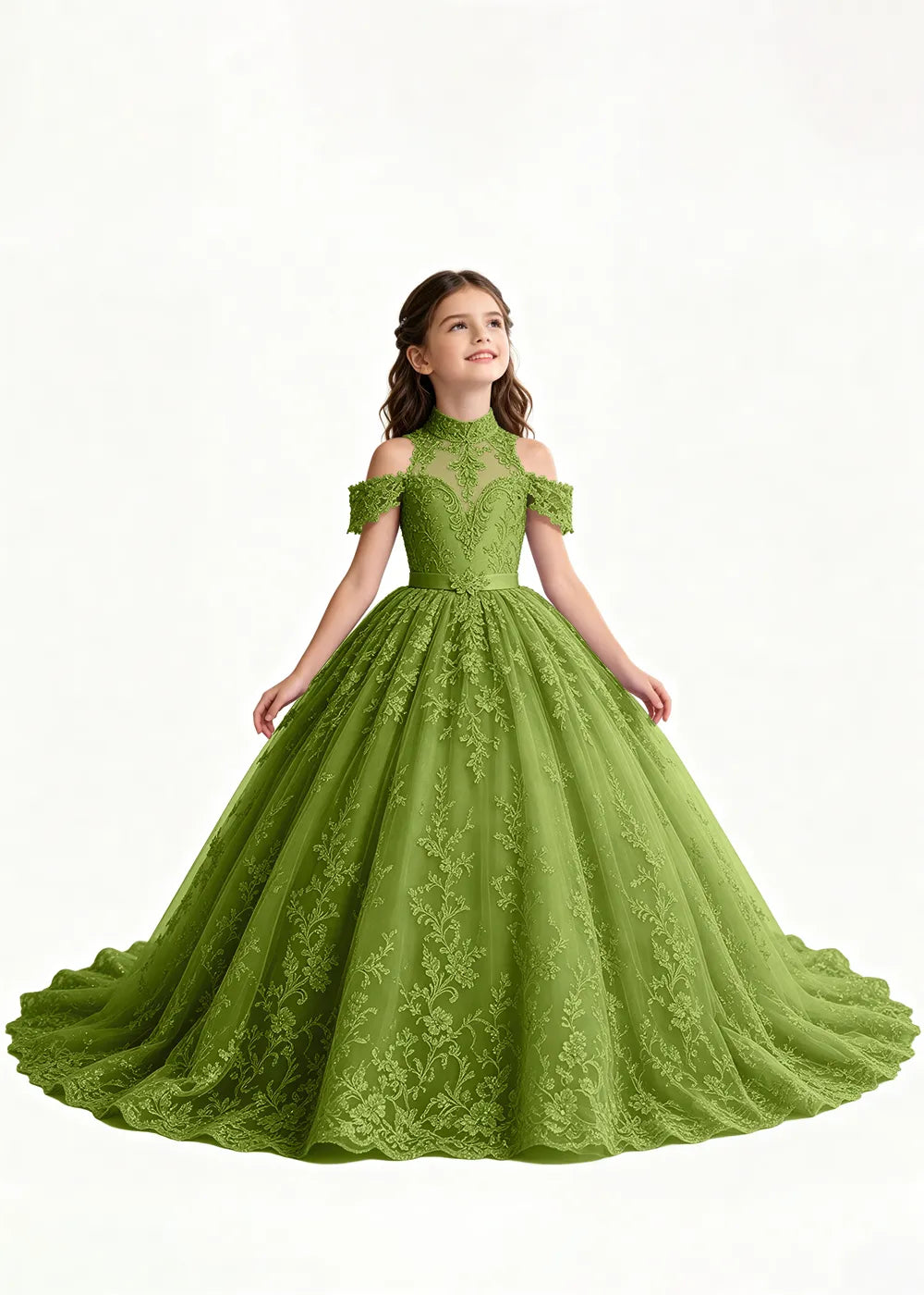 Navy Floral Flower Girl Gown with Open Shoulders