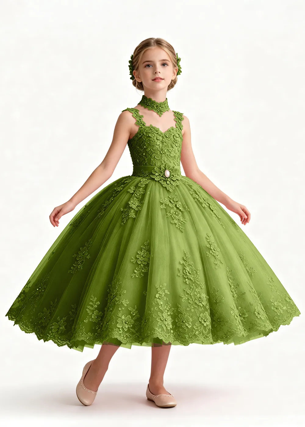 Navy Tea-Length Flower Girl Gown with Floral Neck Band