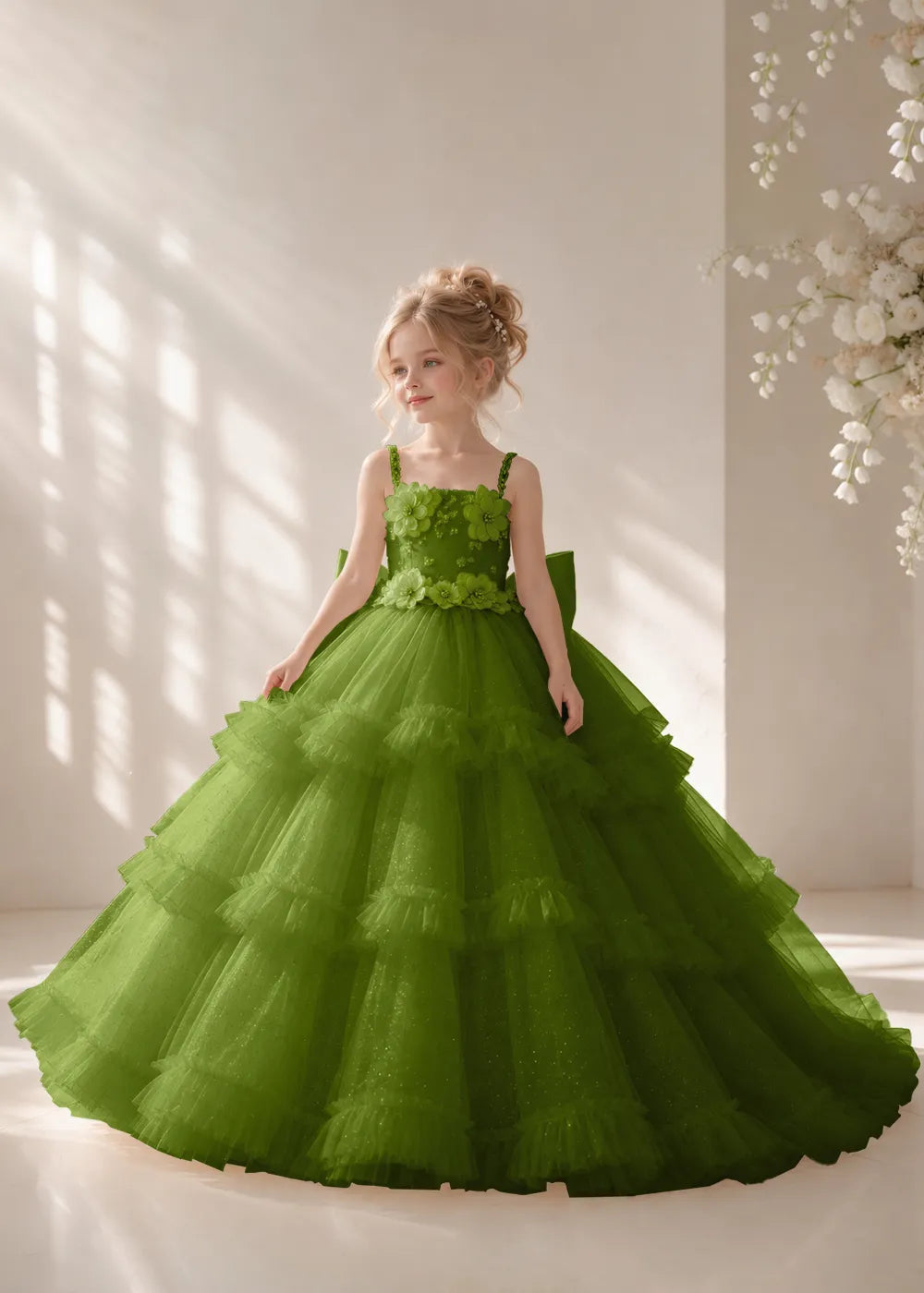 Front view of a child wearing a olive flower girl dress with beaded spaghetti straps, a bodice covered in three-dimensional fabric flowers and a multi-tiered tulle skirt.