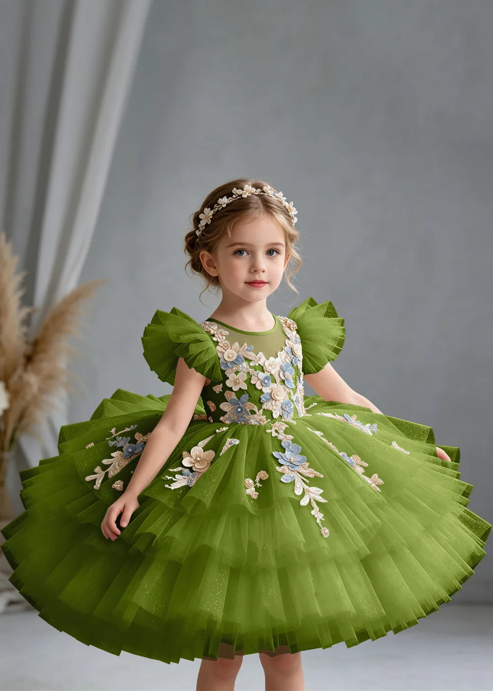 Flower girl dress in Olive Green, front view.