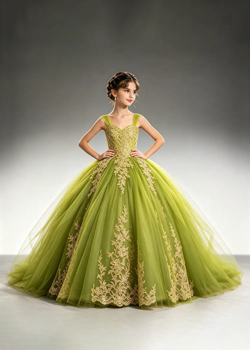 Metallic Appliqué Flower Girl Ball Gown Dress