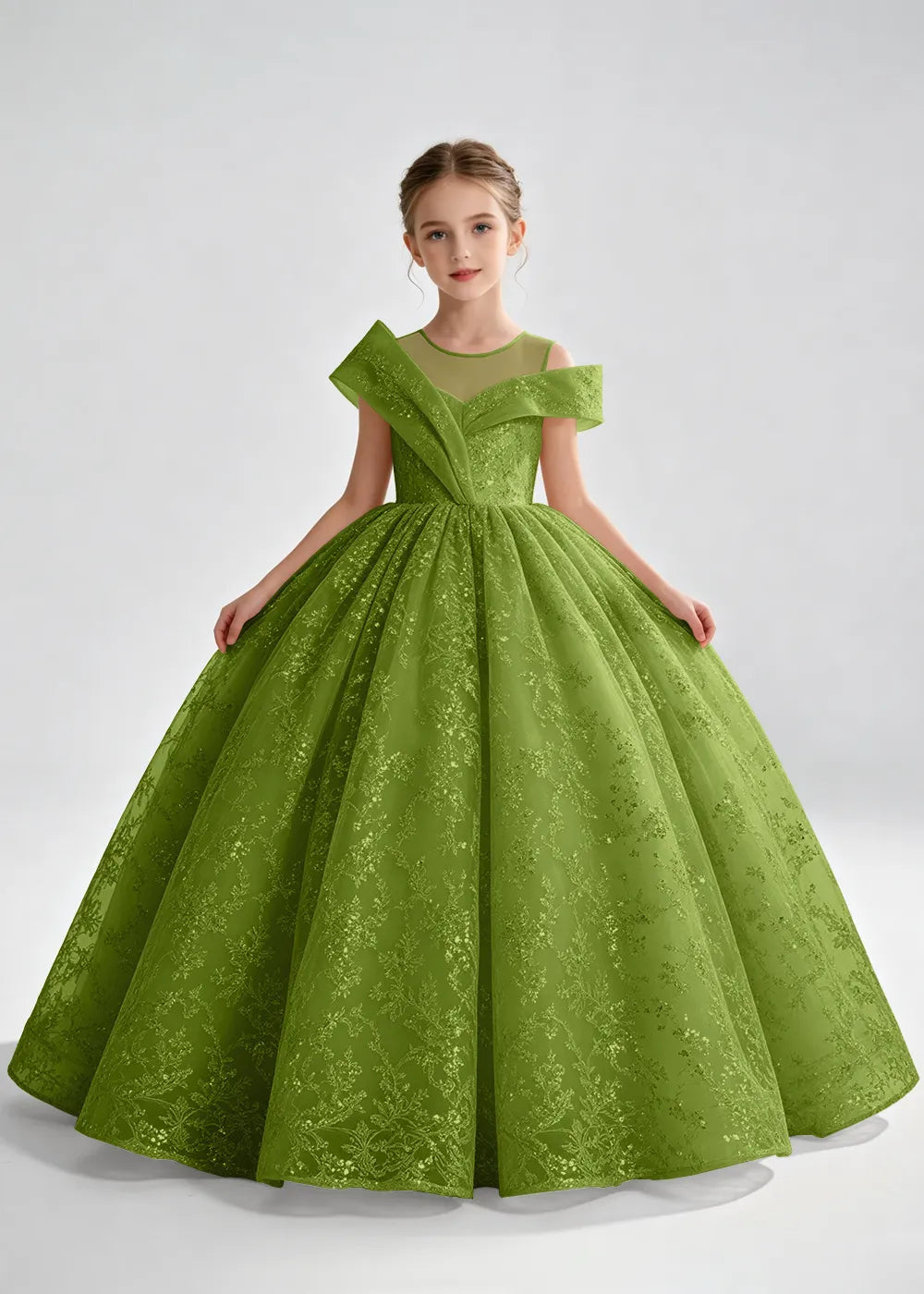 Navy Blue Illusion-Band Floral Flower Girl Dress