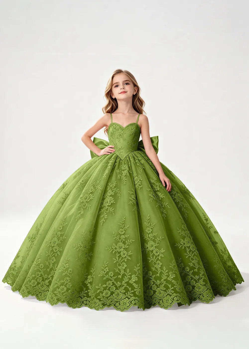 Flower girl dress in Olive Green, front view.