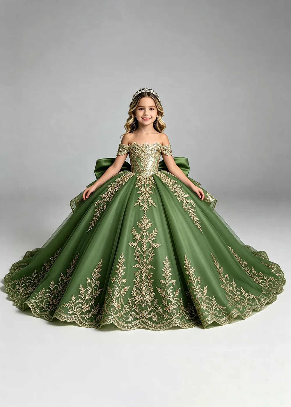 Off-Shoulder Lace Flower Girl Dress with Bow and Scalloped Hem