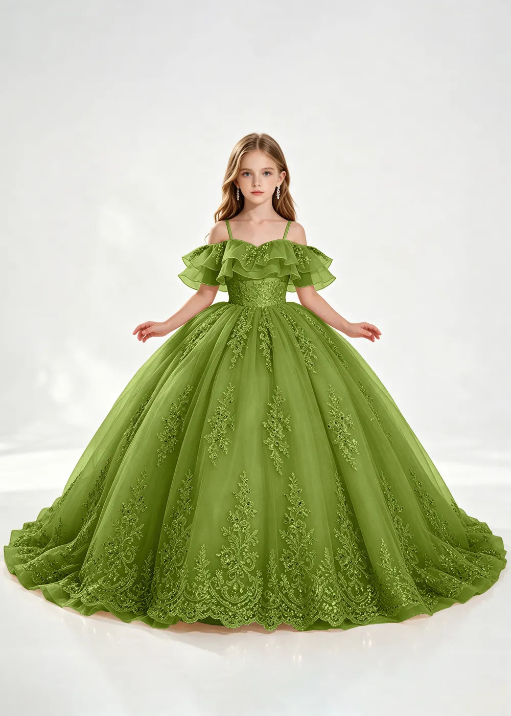 Slate Blue Off-Shoulder Lace-Hem Flower Girl Dress
