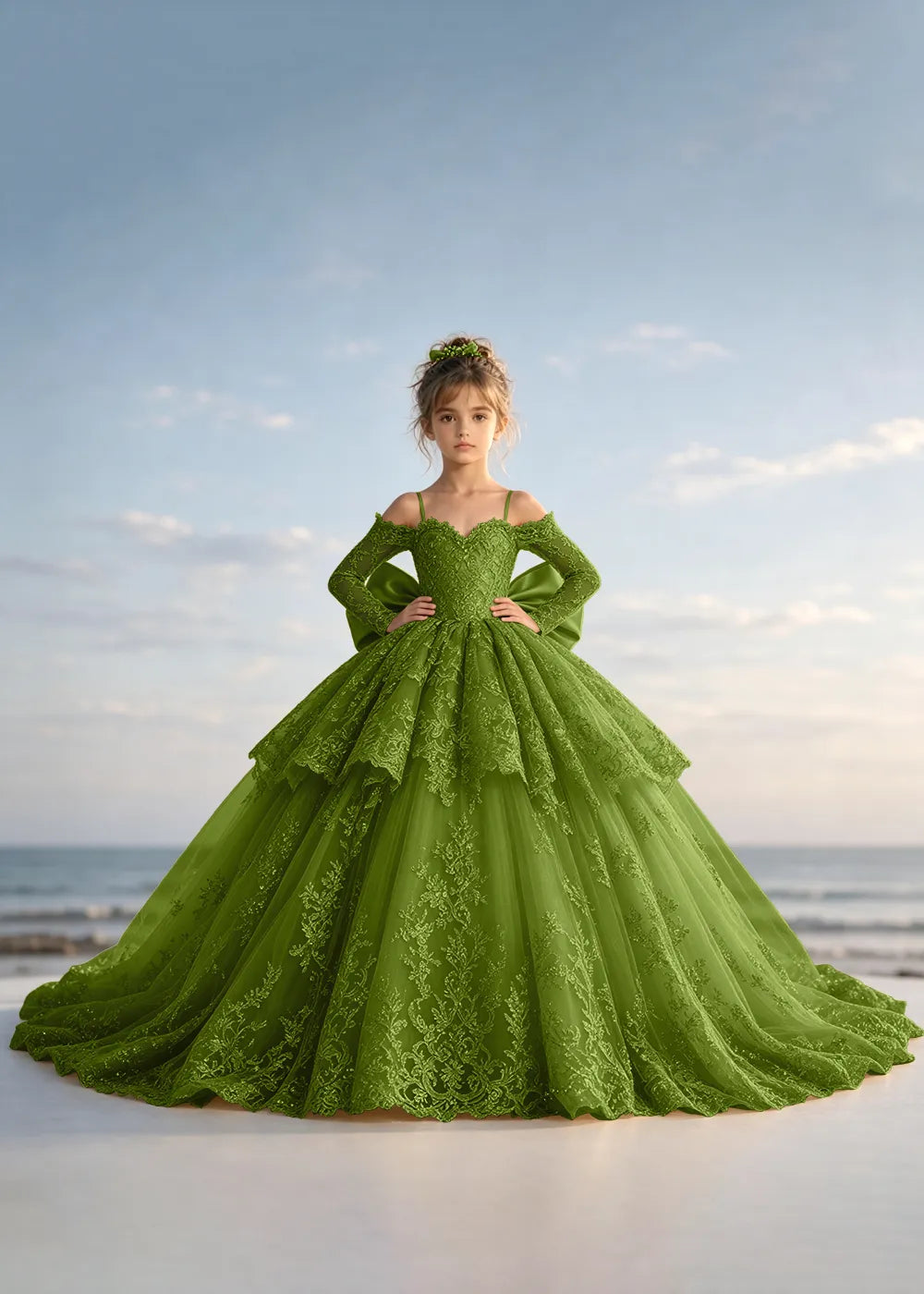 Navy Blue Lace Flower Girl Gown with Peplum and Trailing Satin Bow