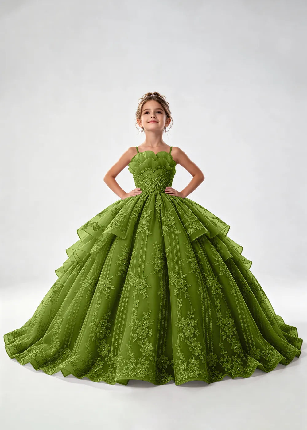 Flower girl dress in Olive Green, front view.