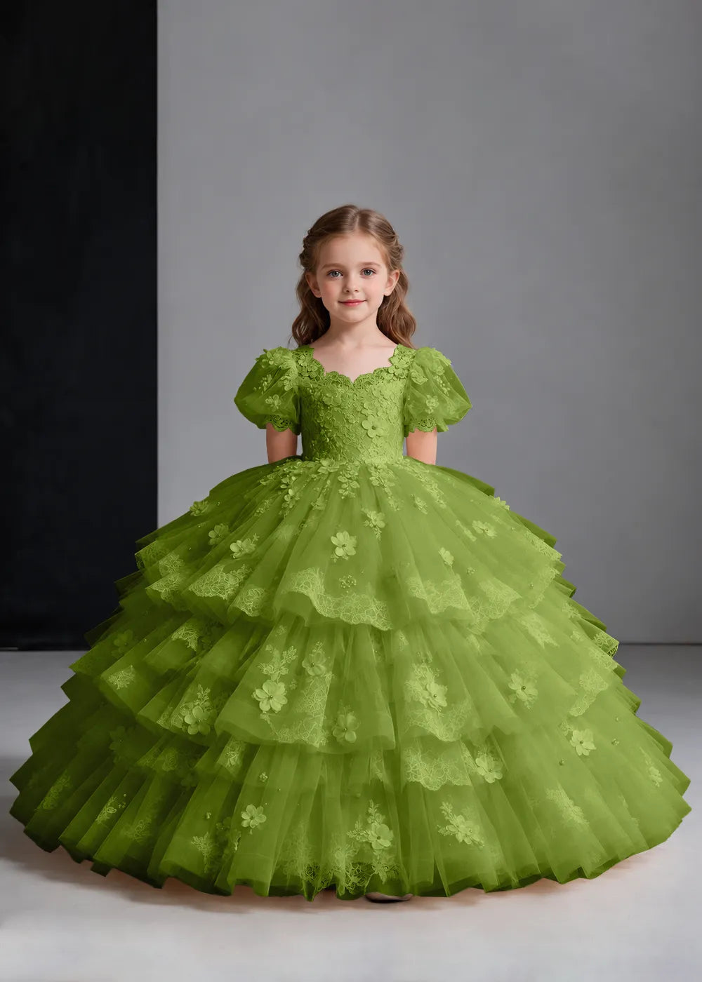 Flower girl dress in Olive Green, front view.