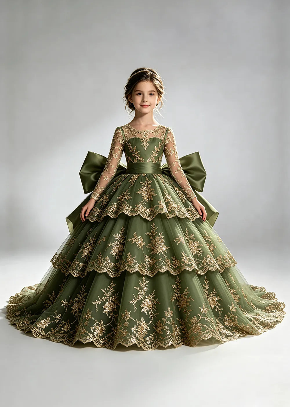 Long Sleeve Lace Flower Girl Dress with Sash Bow and Tiered Skirt