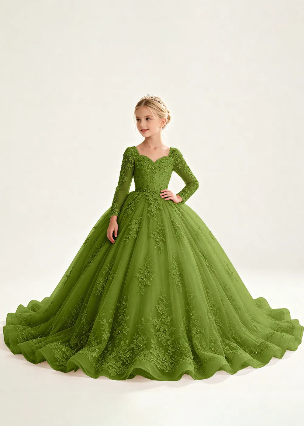 Navy Floral Flower Girl Gown with Long Sleeves