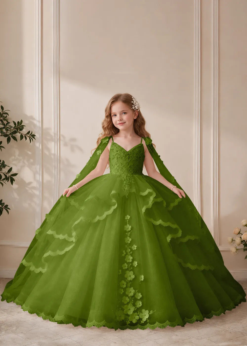Dusty Rose Flower Girl Dress with Floral Lace and Shoulder Drapes