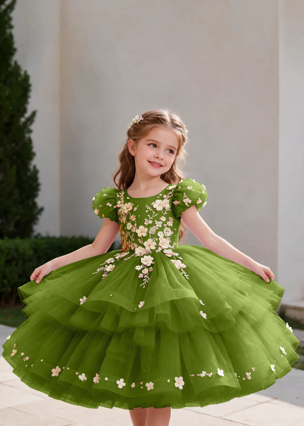 Pink Flower Girl Dress with Floral Trails and Ruffled Hem