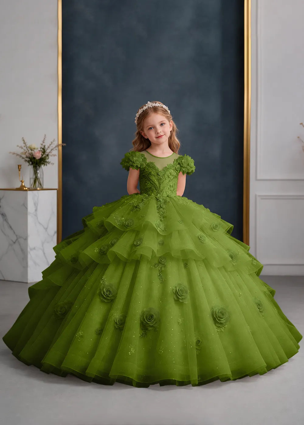Navy Blue Flower Girl Gown with Floral Cap Sleeves and Rose Ruffles