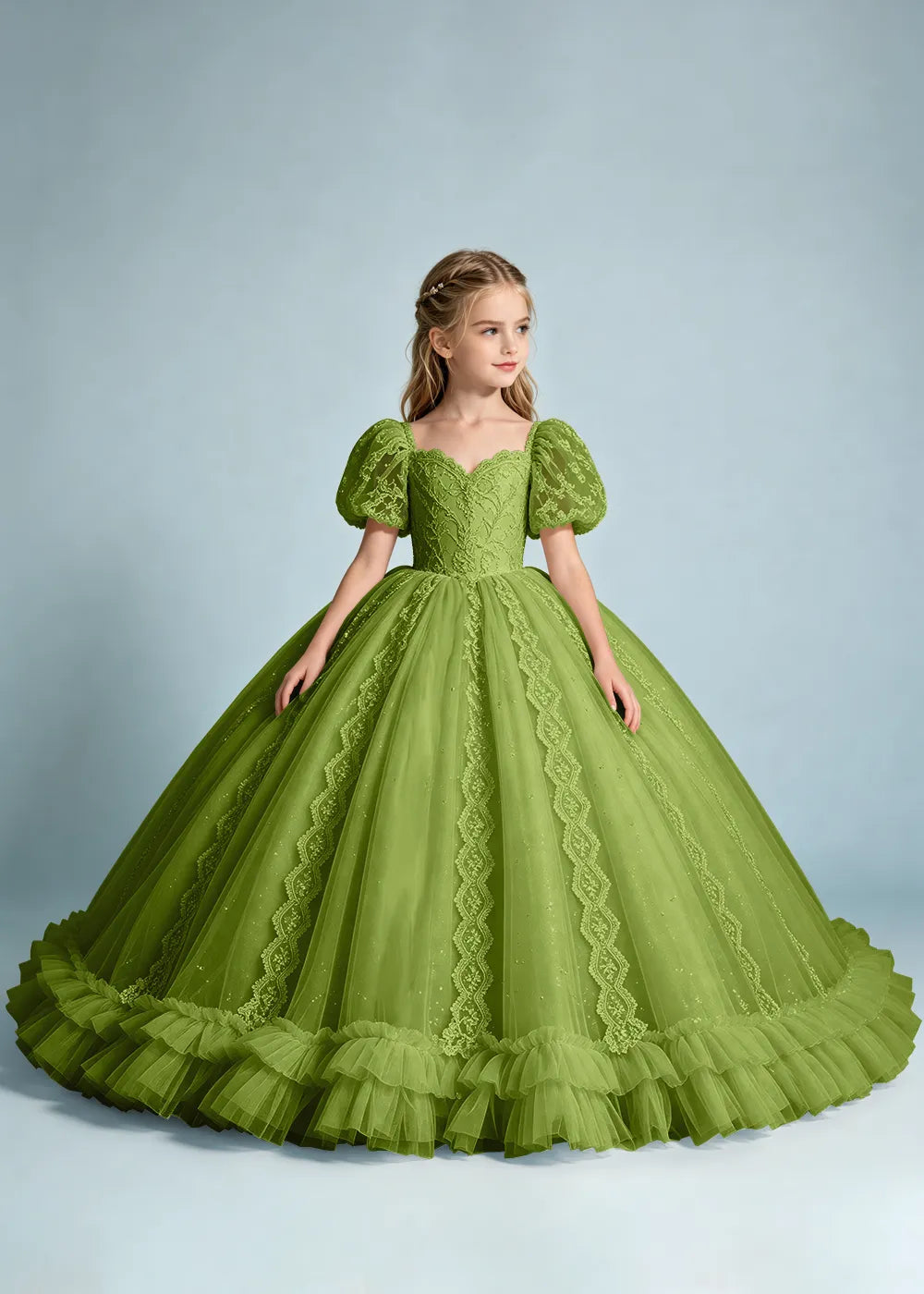 Navy Flower Girl Gown with Lace Puff Sleeves and Ruffled Hem