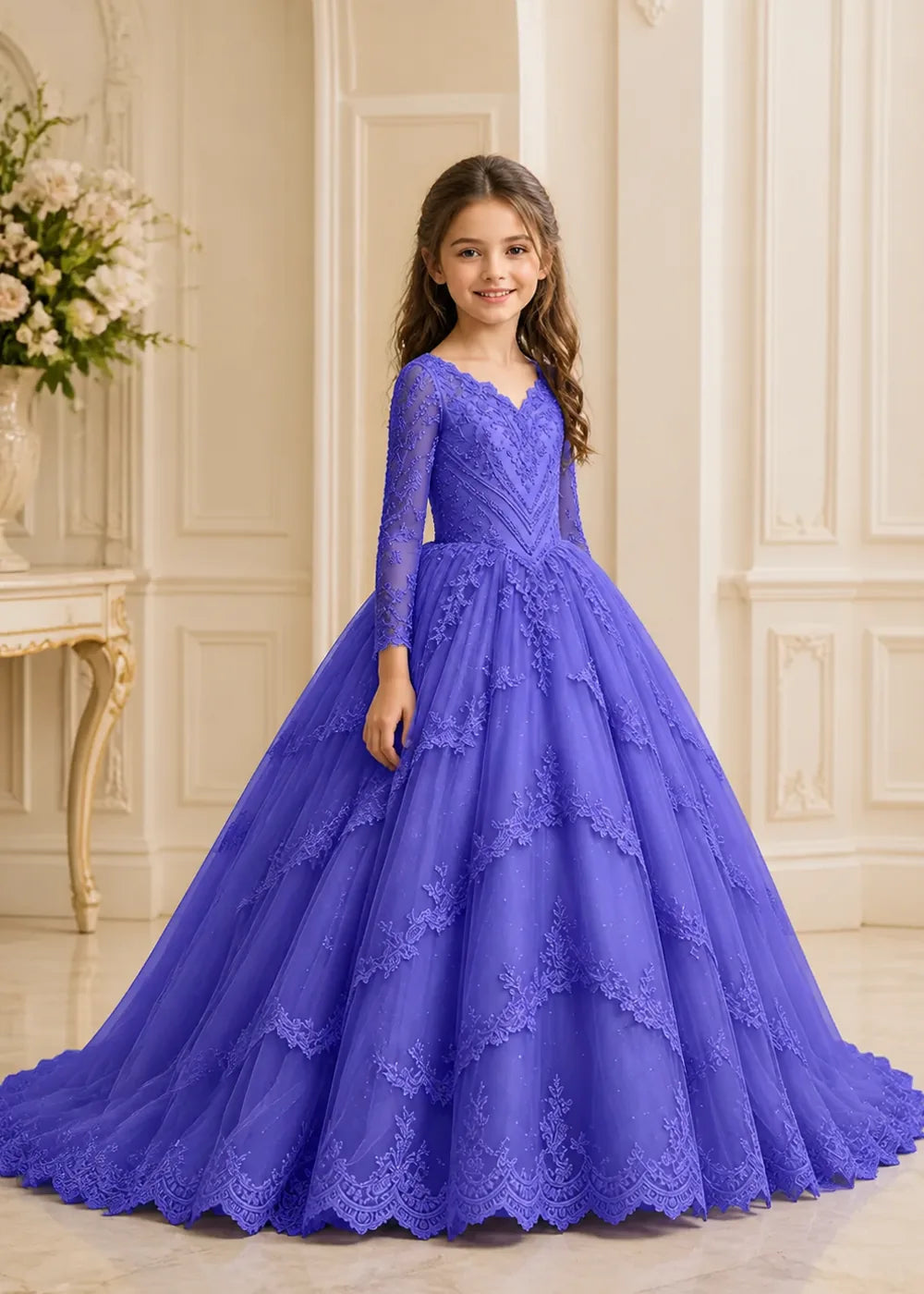 Long Sleeve Floral Lace Princess Dress for Girls