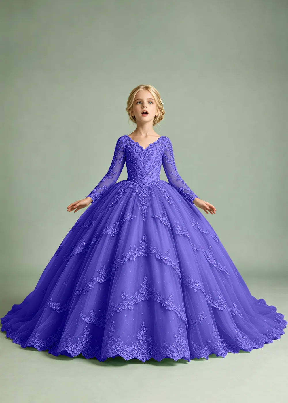 Long Sleeve Floral Lace Princess Dress for Girls