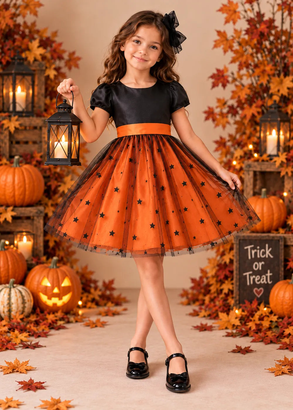 Detail view of the orange and black flower girl dress.
