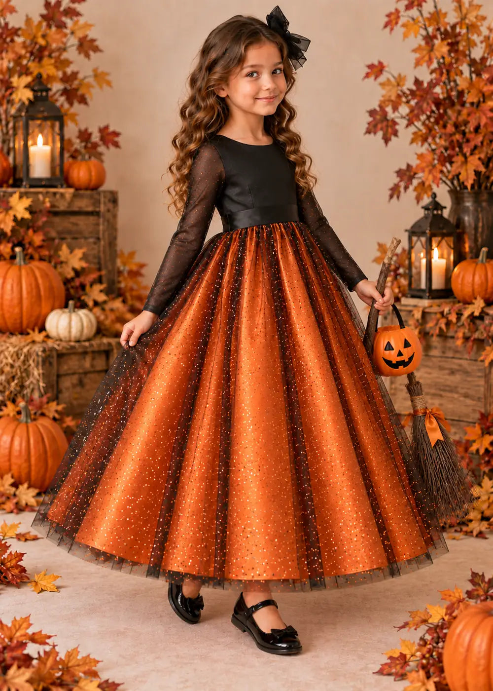 Detail view of the orange and black flower girl dress.