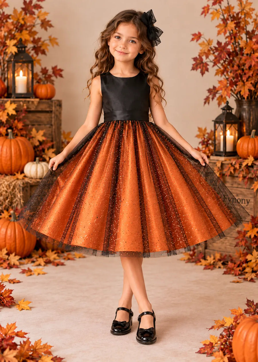 Orange and Black Sleeveless Flower Girl Dress with Back Bow