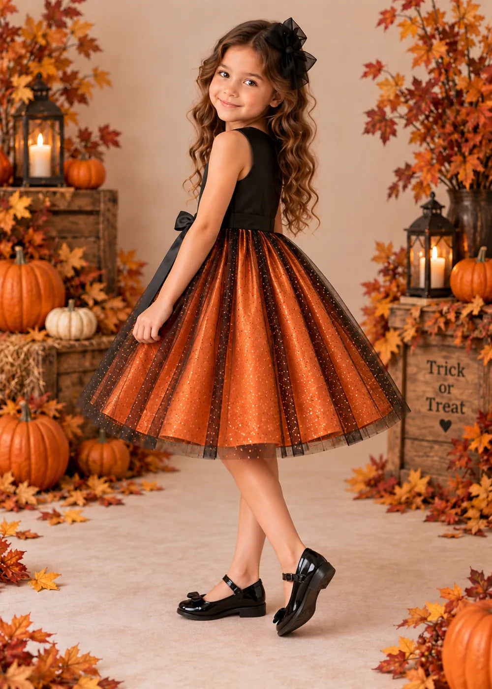 Detail view of the orange and black flower girl dress.