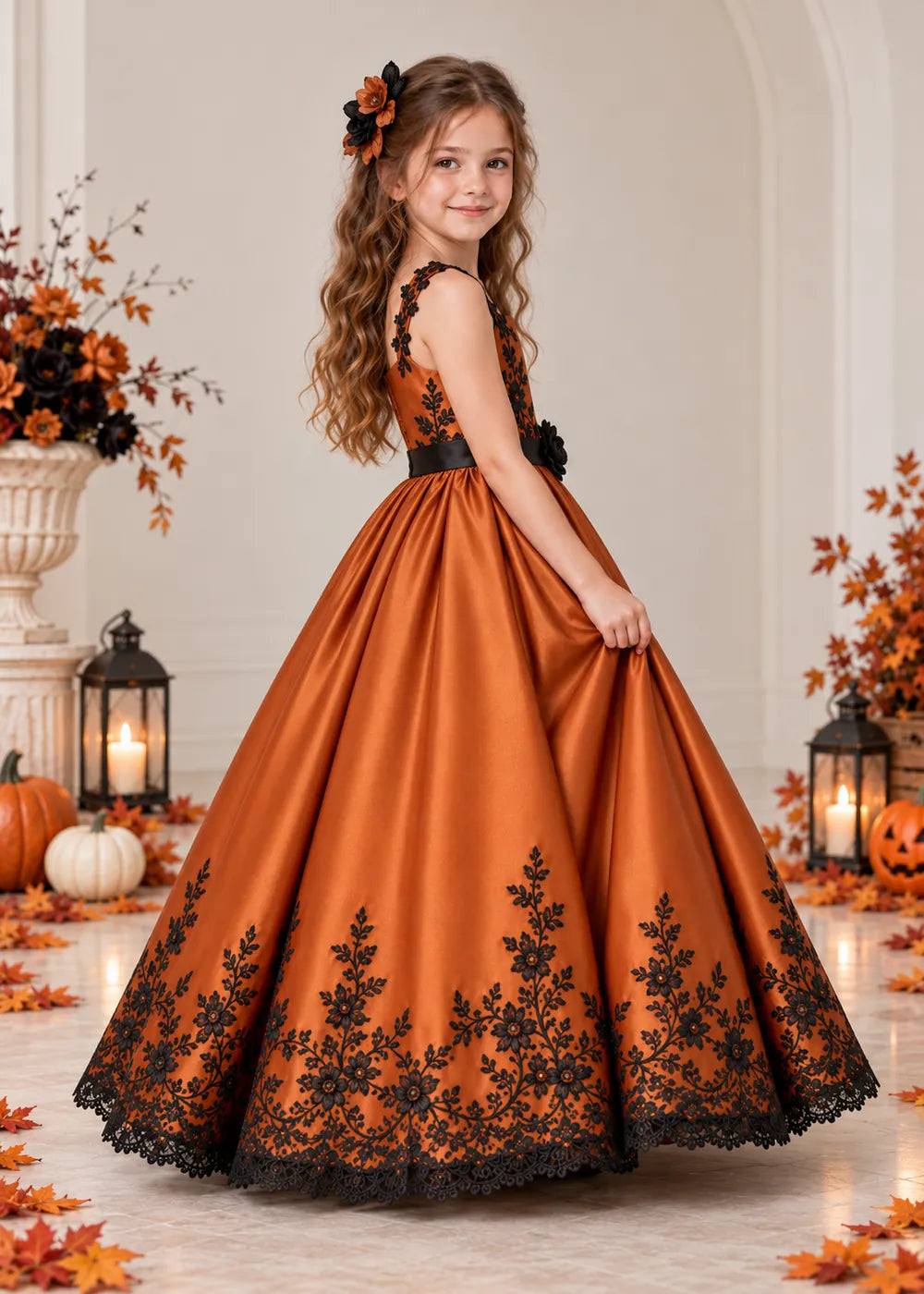 Detail view of the orange and black flower girl dress.