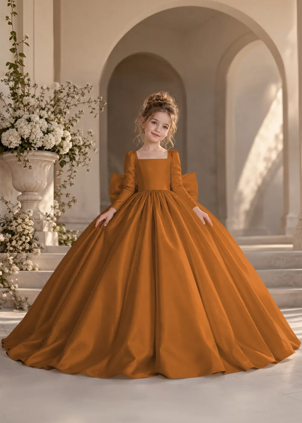 Ivory Long-Sleeve Flower Girl Dress with a Square Neckline and Bow