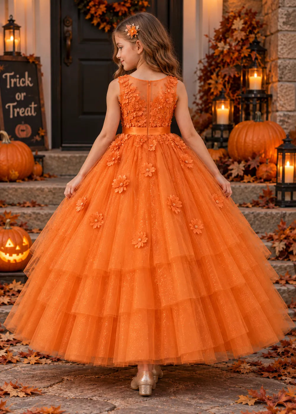 Back view of the orange flower girl dress.