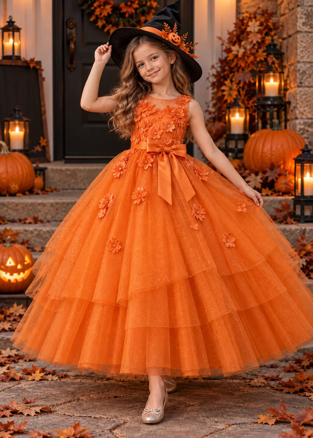 Detail view of the orange flower girl dress.