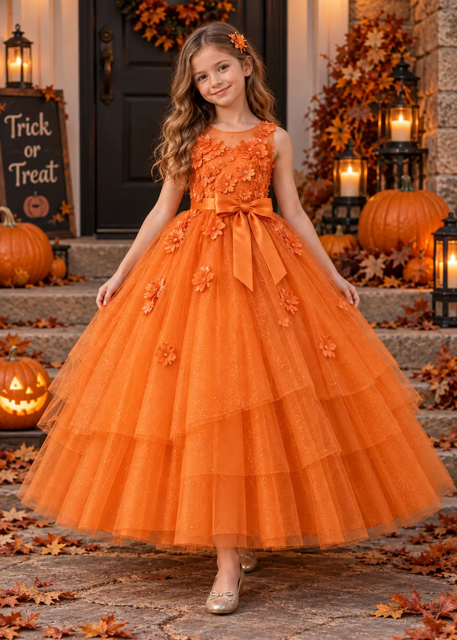 Orange Flower Girl Dress with Floral Bodice and Tiered Skirt