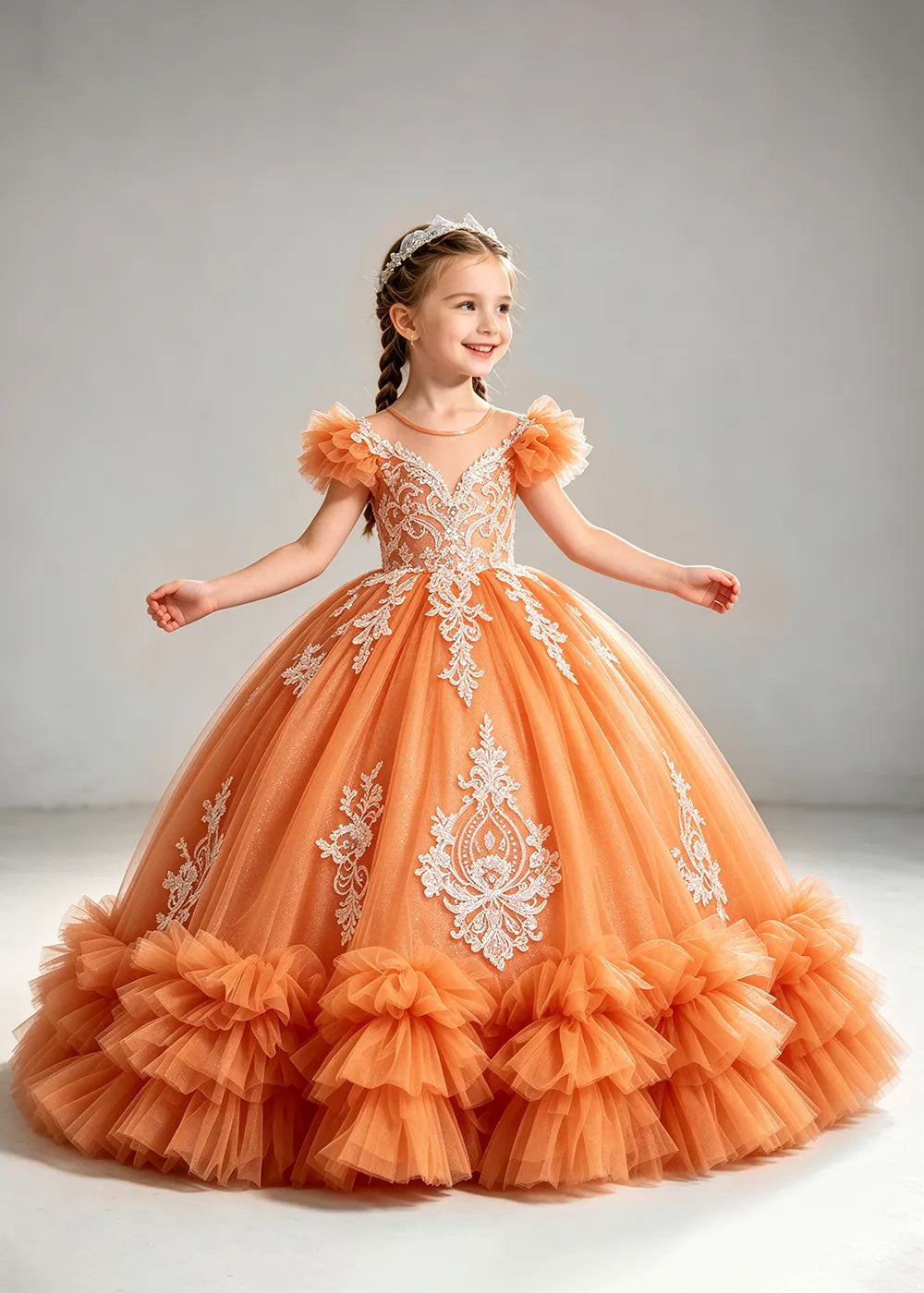 Navy Flower Girl Ball Gown with White Floral Appliqués