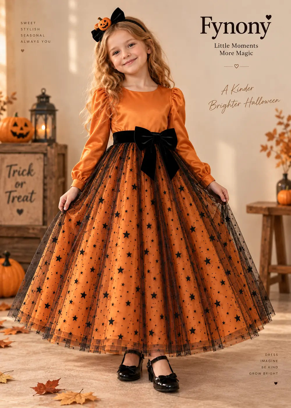 Front view of the orange and black flower girl dress.