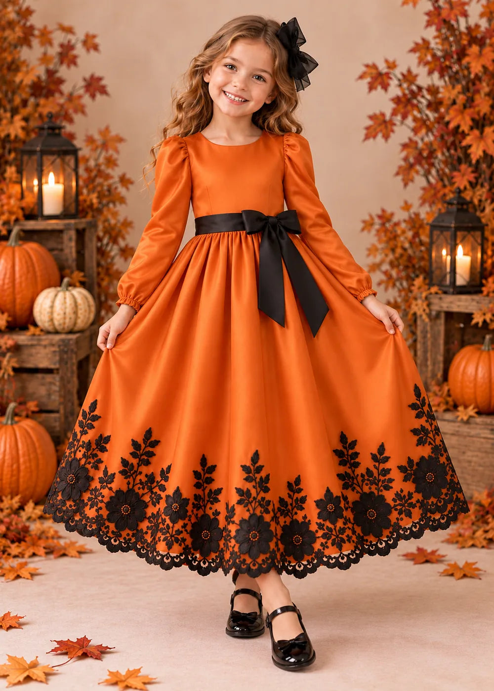 Front view of the orange and black flower girl dress.
