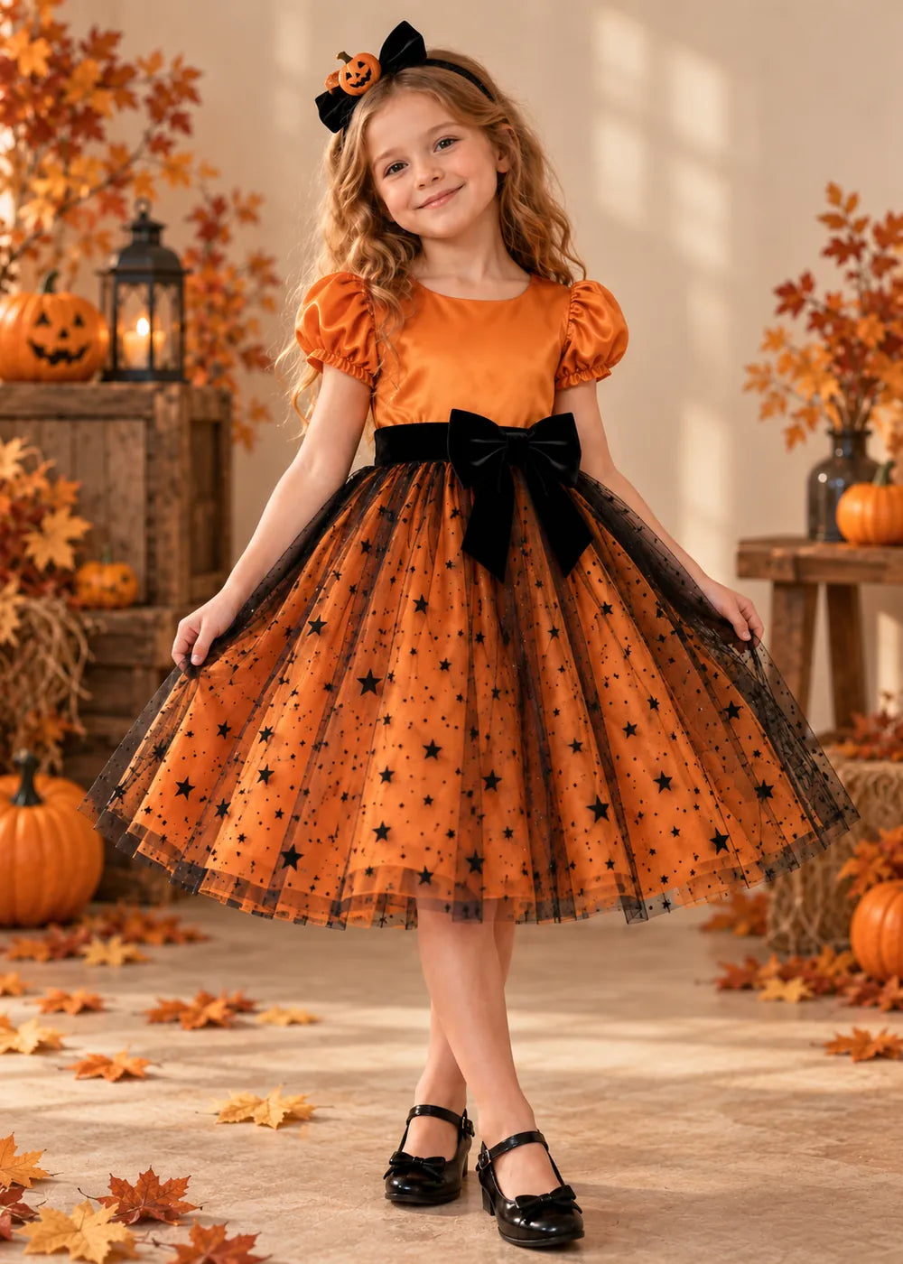 Detail view of the orange and black flower girl dress.