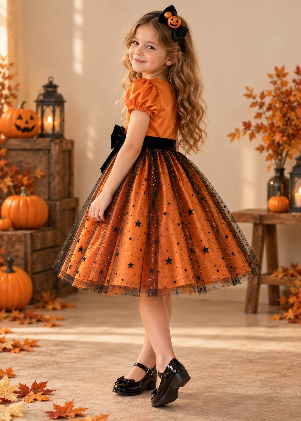 Detail view of the orange and black flower girl dress.