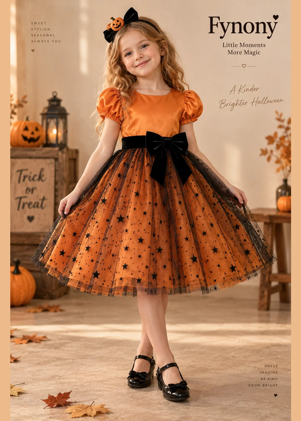 Front view of the orange and black flower girl dress.