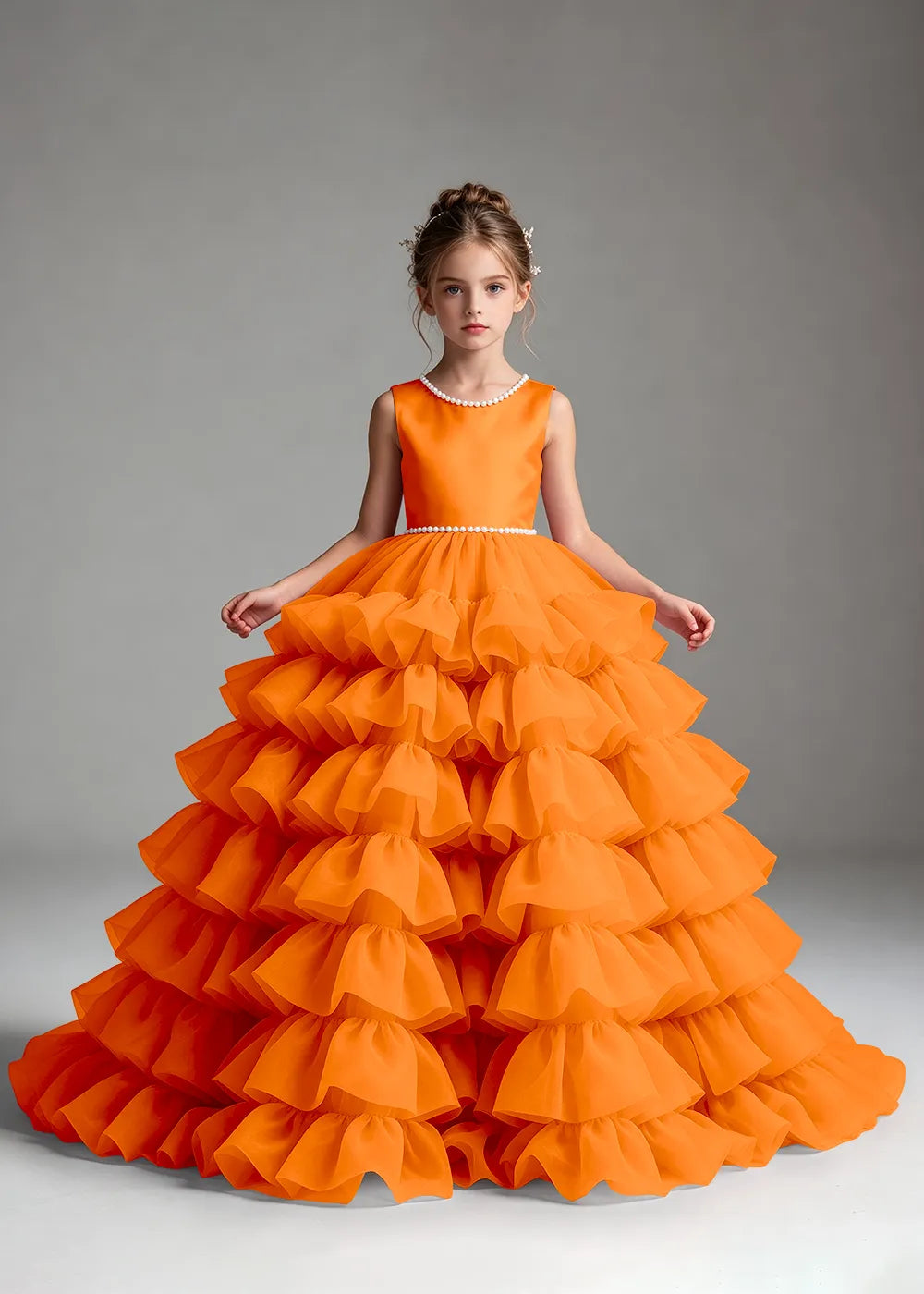 Royal Blue Pearl-Trimmed Tiered Ruffle Flower Girl Dress